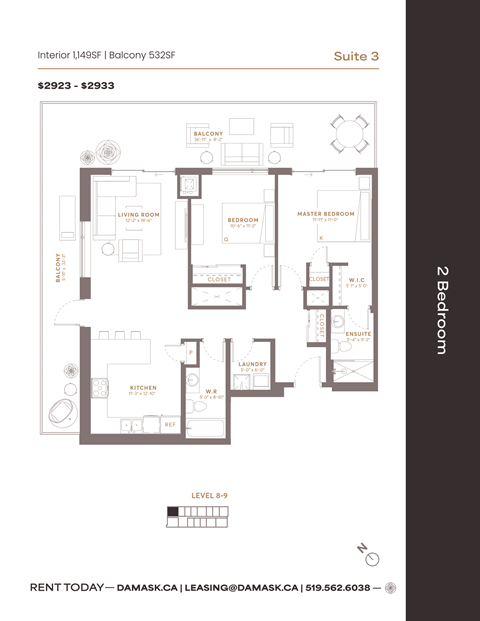 Floor plan for 2 beds, 2 baths, 1149 sqft